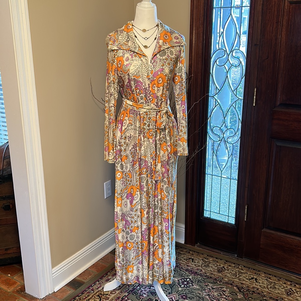 Vintage Lapel collar front zip hand crafted dress w/belt szM